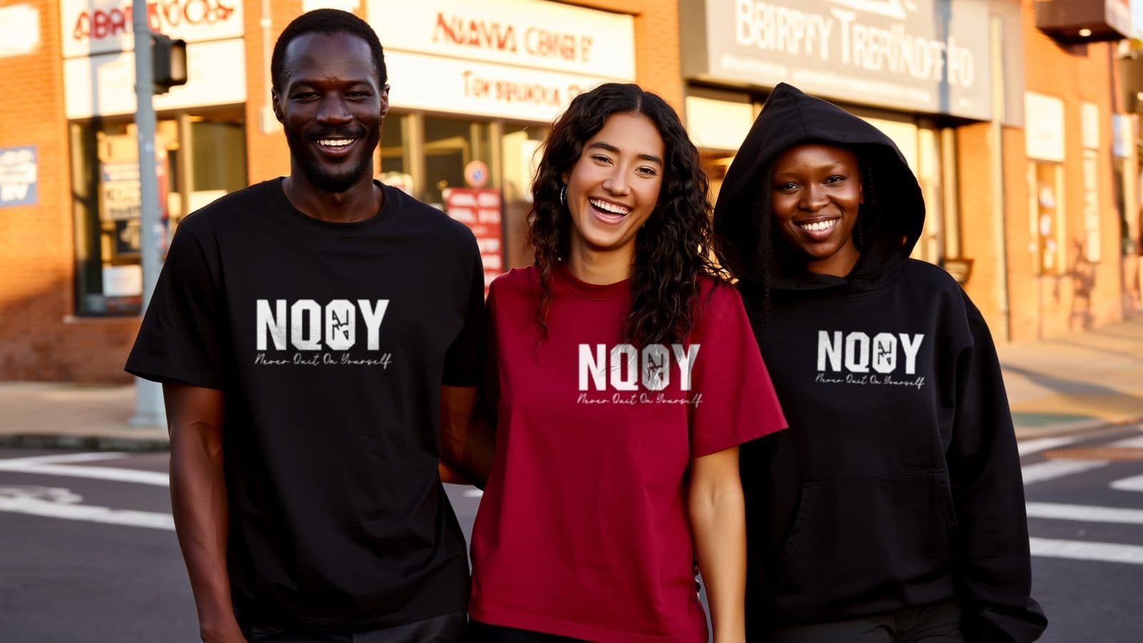 Friends on a city street corner wearing NQOY