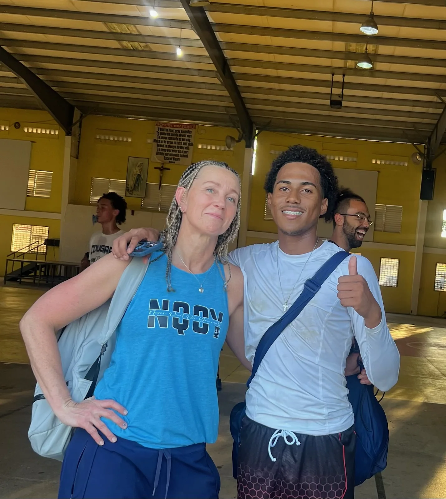 Blue tanks at a team event